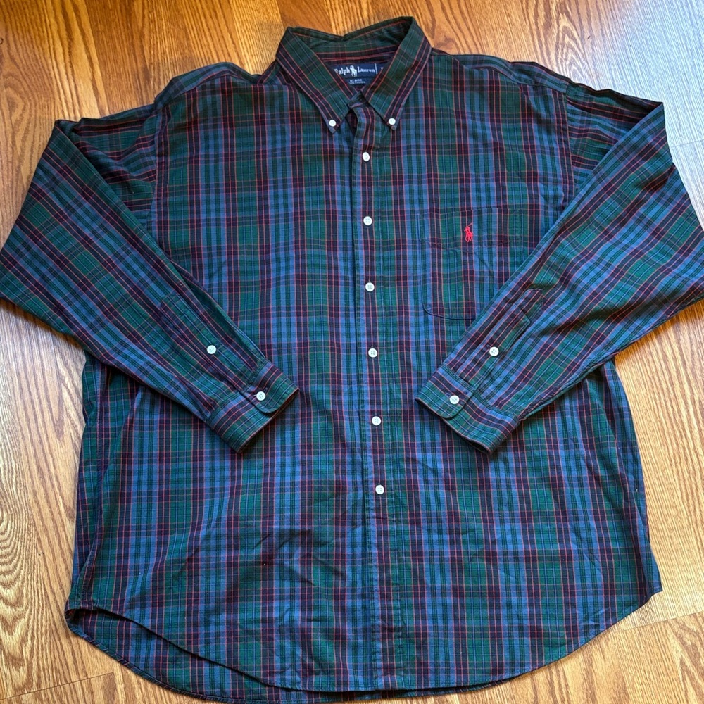Ralph Lauren Dark Green & Blue Plaid Button-Down Shirt with Red Pony